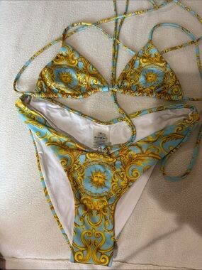 Monica Hansen beach Sun luxury Italy Yellow and Blue Baroque Triangle Bikini Set